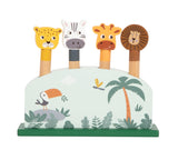 Animale Săltărețe "Safari" – Joc de Potrivire din Lemn Certificat FSC cu Mecanism cu Arc, 4 Animale care Sar la Apăsare, pentru Bebeluși