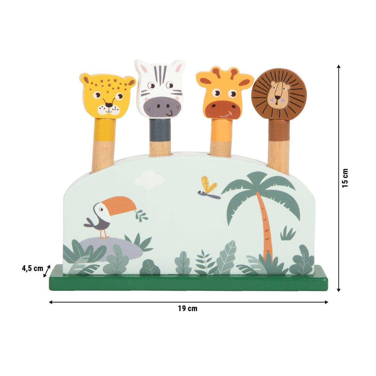 Animale Săltărețe "Safari" – Joc de Potrivire din Lemn Certificat FSC cu Mecanism cu Arc, 4 Animale care Sar la Apăsare, pentru Bebeluși