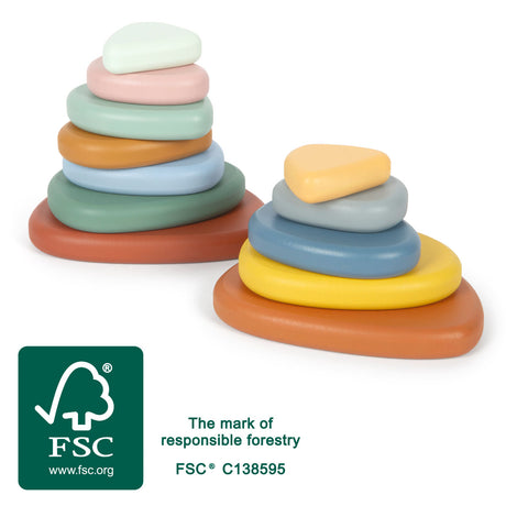 Pietre de Râu pentru Echilibru Montessori FSC 100% Small Foot – Set 12 Piese din Lemn Certificat, Culori Soft, Formă Neregula