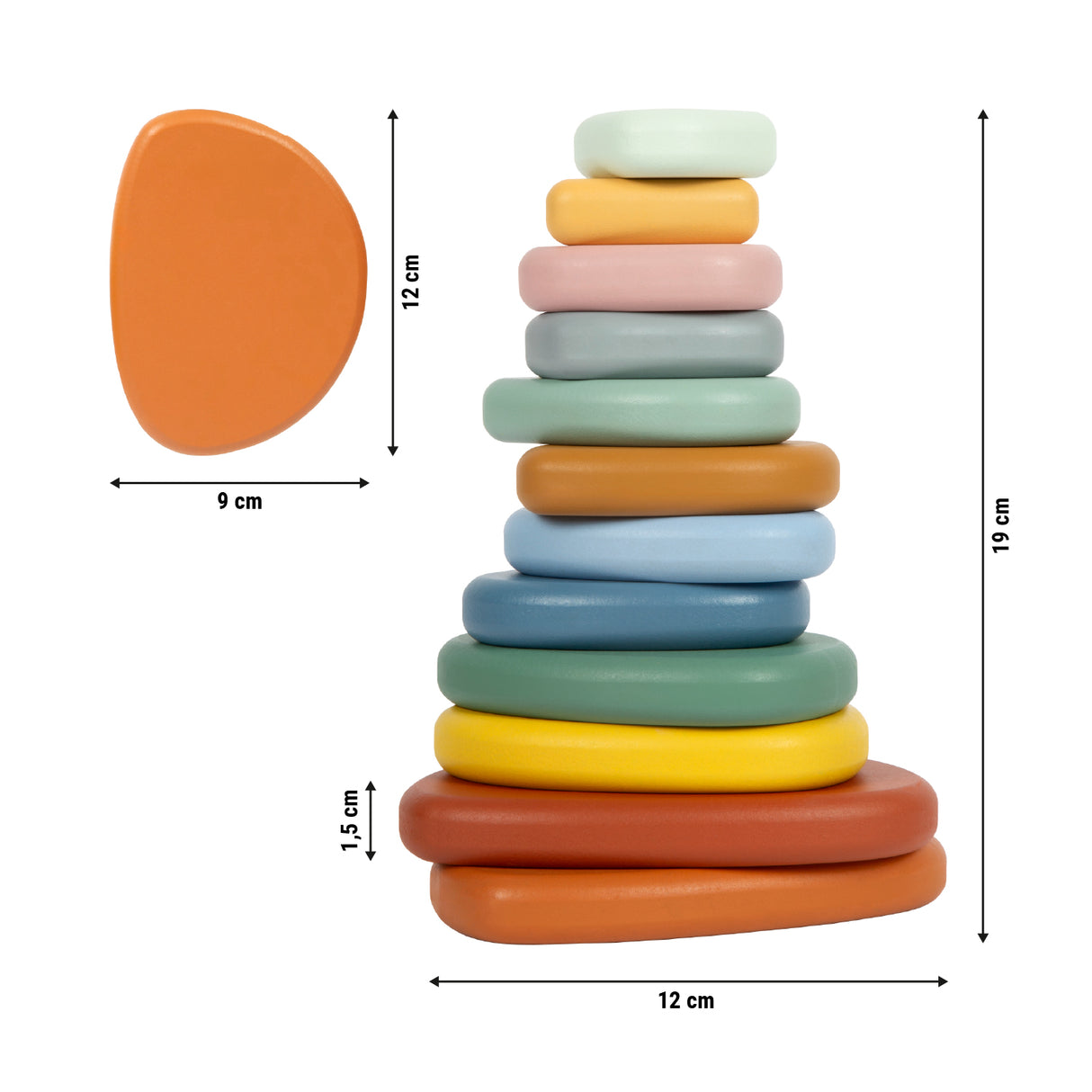 Pietre de Râu pentru Echilibru Montessori FSC 100% – Set 12 Piese din Lemn Certificat, Culori Soft, Formă Neregulată, Pietre de Meditație