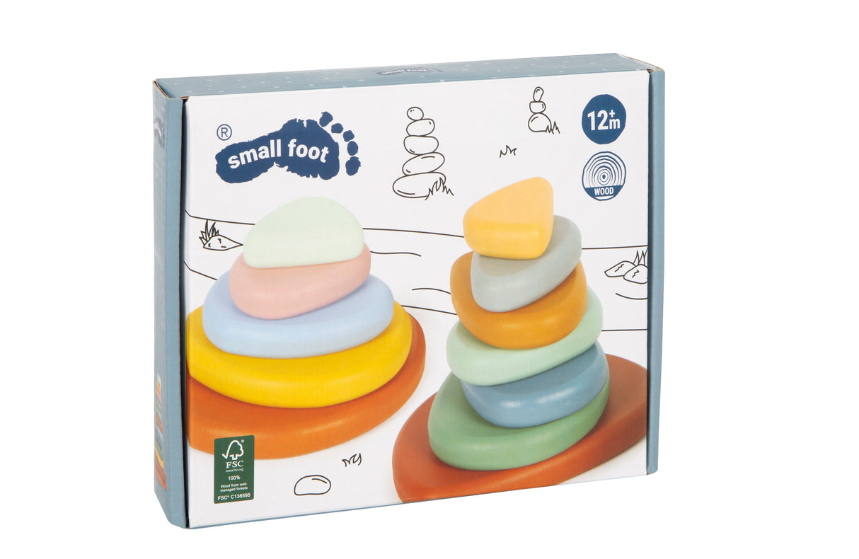 Pietre de Râu pentru Echilibru Montessori FSC 100% – Set 12 Piese din Lemn Certificat, Culori Soft, Formă Neregulată, Pietre de Meditație