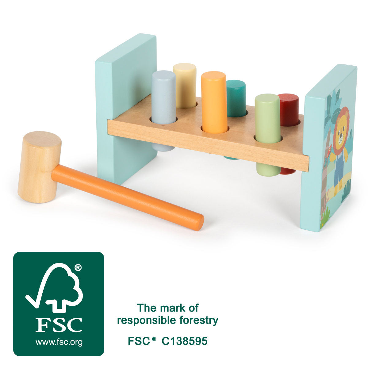 Banc de Ciocănit "Jungle Friends" – Jucărie din Lemn Certificat FSC cu Ciocănel, Motive cu Animale, Dezvoltă Motricitatea, pe