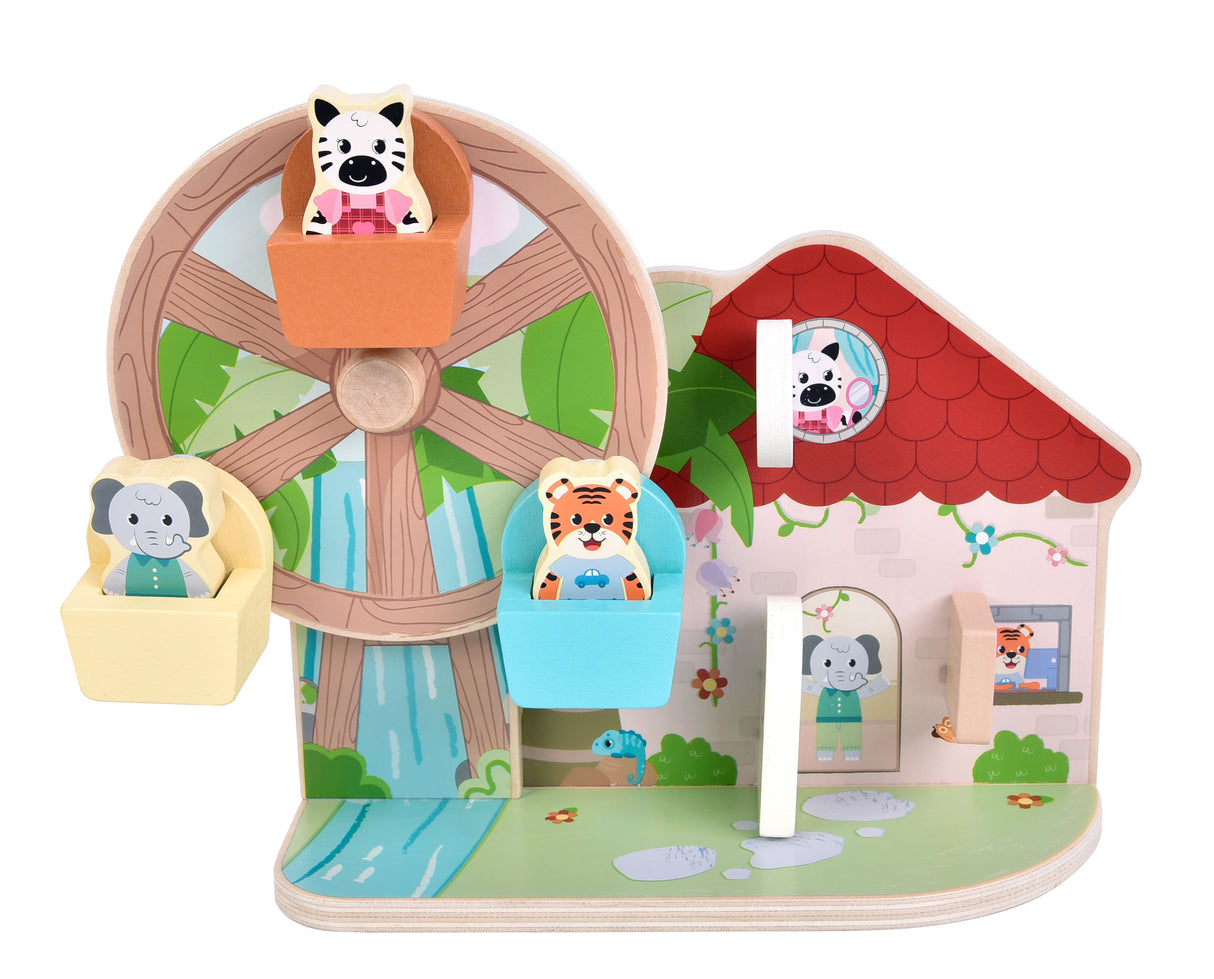 Roata Motricității "Jungle Friends" FSC 100% – Jucărie din Lemn Certificat, 3 Animale, Manivelă, 3 Clapete Surpriză, Pentru Motricitate