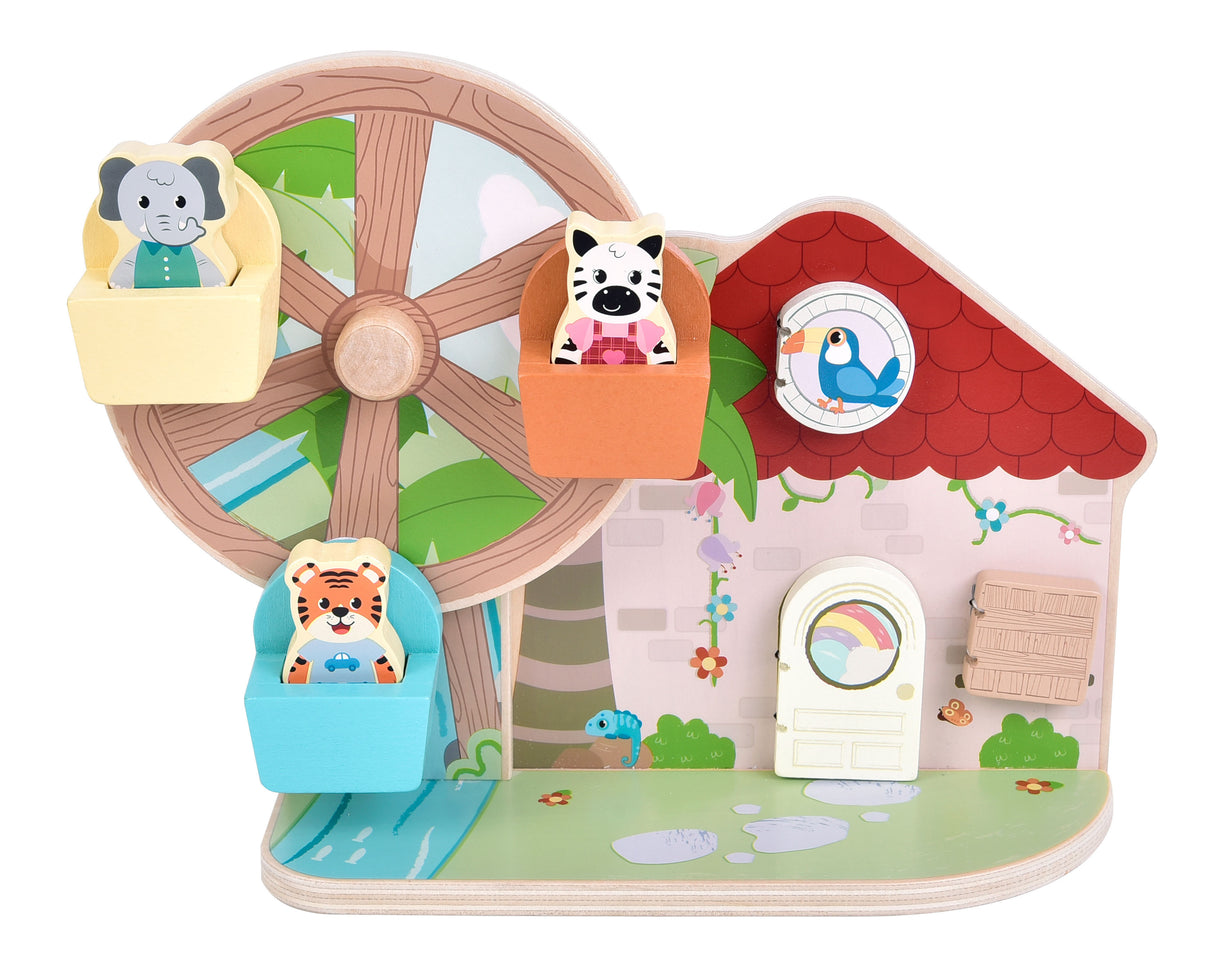 Roata Motricității "Jungle Friends" FSC 100% – Jucărie din Lemn Certificat, 3 Animale, Manivelă, 3 Clapete Surpriză, Pentru Motricitate