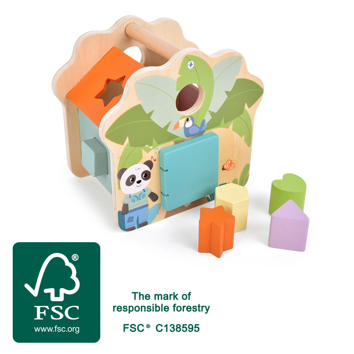 Căsuță de Sortat Forme "Jungle Friends" – Cub de Potrivire din Lemn Certificat FSC cu 5 Piese Colorate, Mâner de Transport și