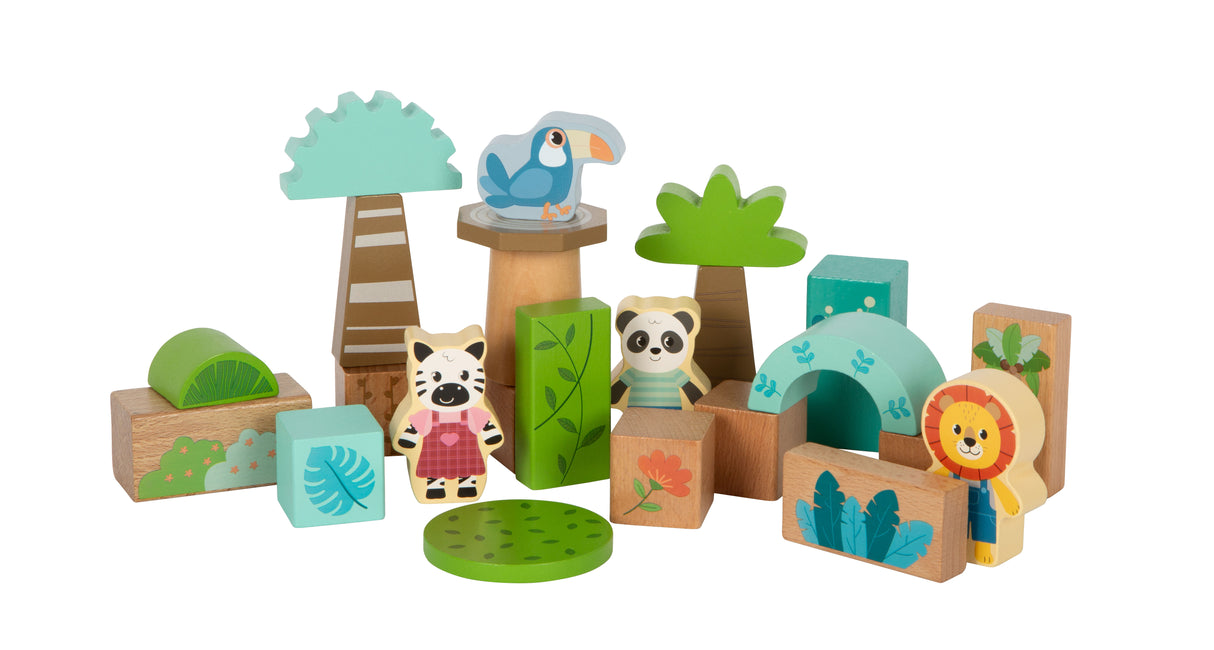Cuburi de Construcție "Jungle Friends" FSC 100% – Set 50 Piese din Lemn Certificat, cu Figurine de Animale și Păsări, Design Modern