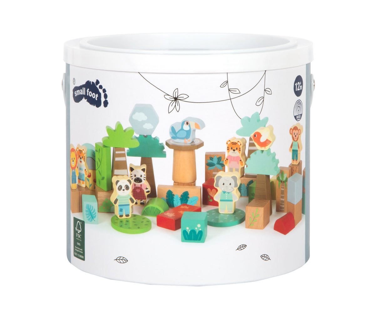 Cuburi de Construcție "Jungle Friends" FSC 100% – Set 50 Piese din Lemn Certificat, cu Figurine de Animale și Păsări, Design Modern