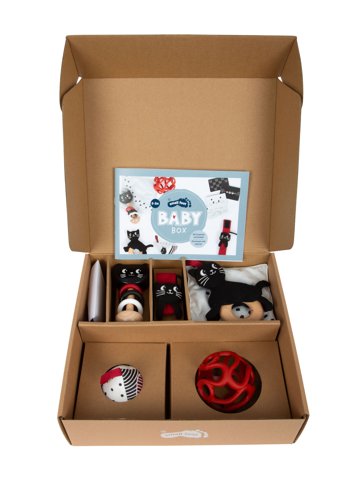 Baby Box 0–3 luni deschis, cu jucăriile în compartimente