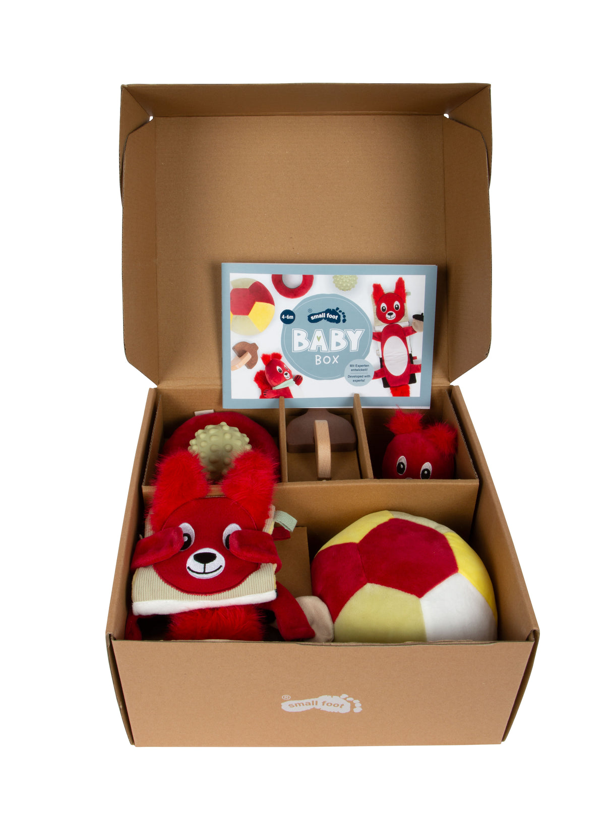 Baby Box 4–6 luni deschis, cu jucăriile în compartimente