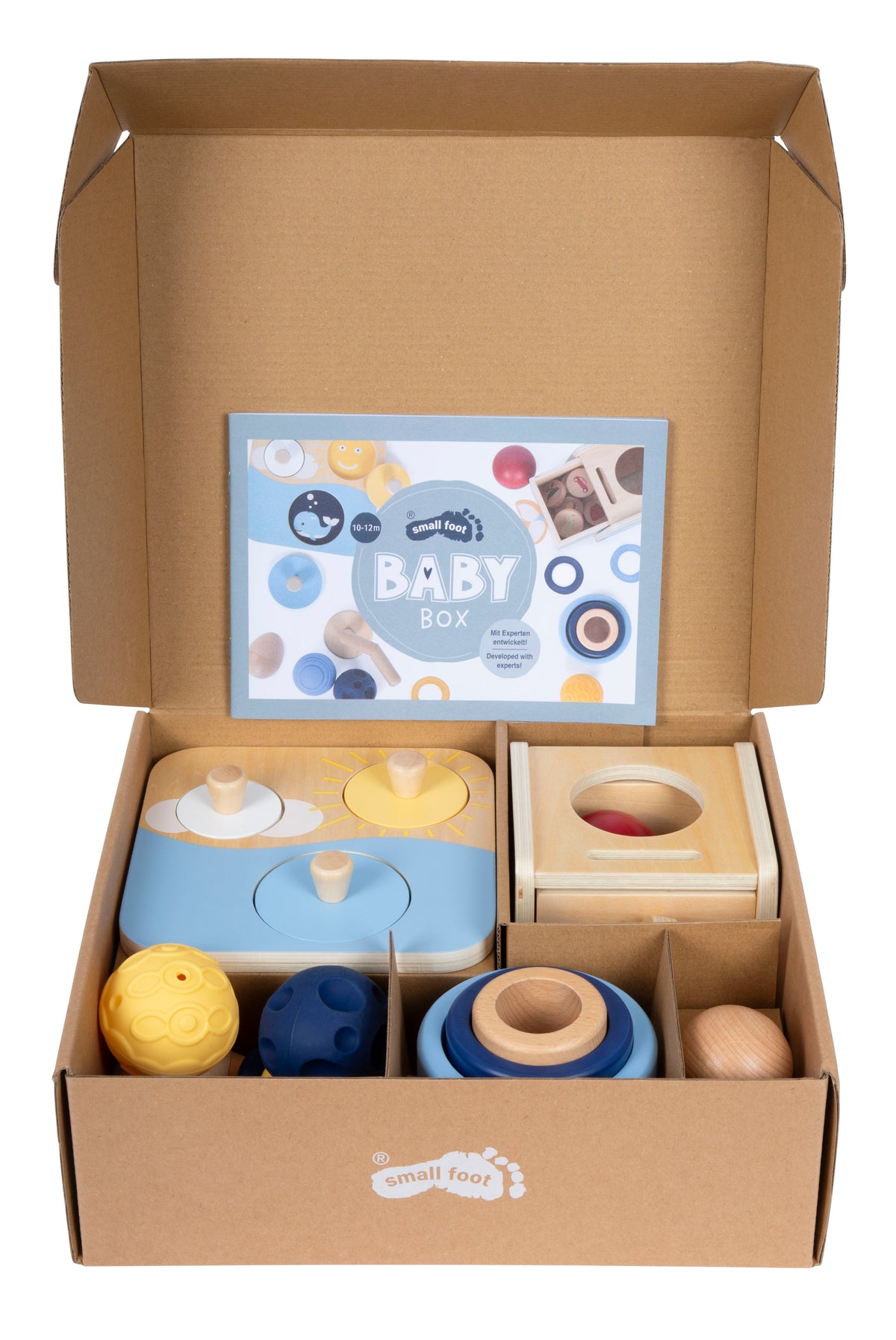Baby Box 10–12 luni deschis, cu jucăriile în compartimente