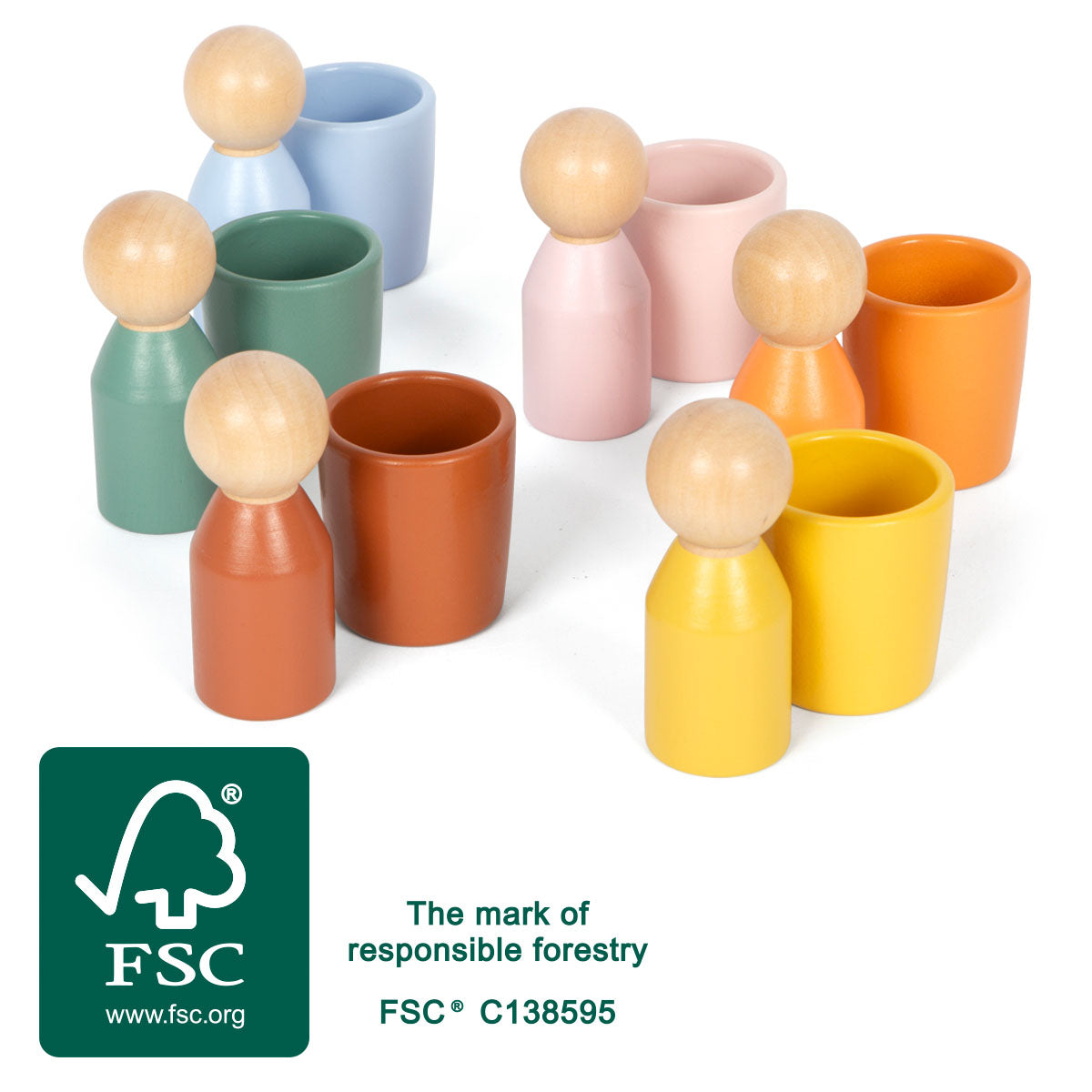 Pahare de Sortare Montessori cu Figurine – Set din Lemn Certificat FSC, 6 Figurine și 6 Pahare Colorate, pentru Sortat și Înv