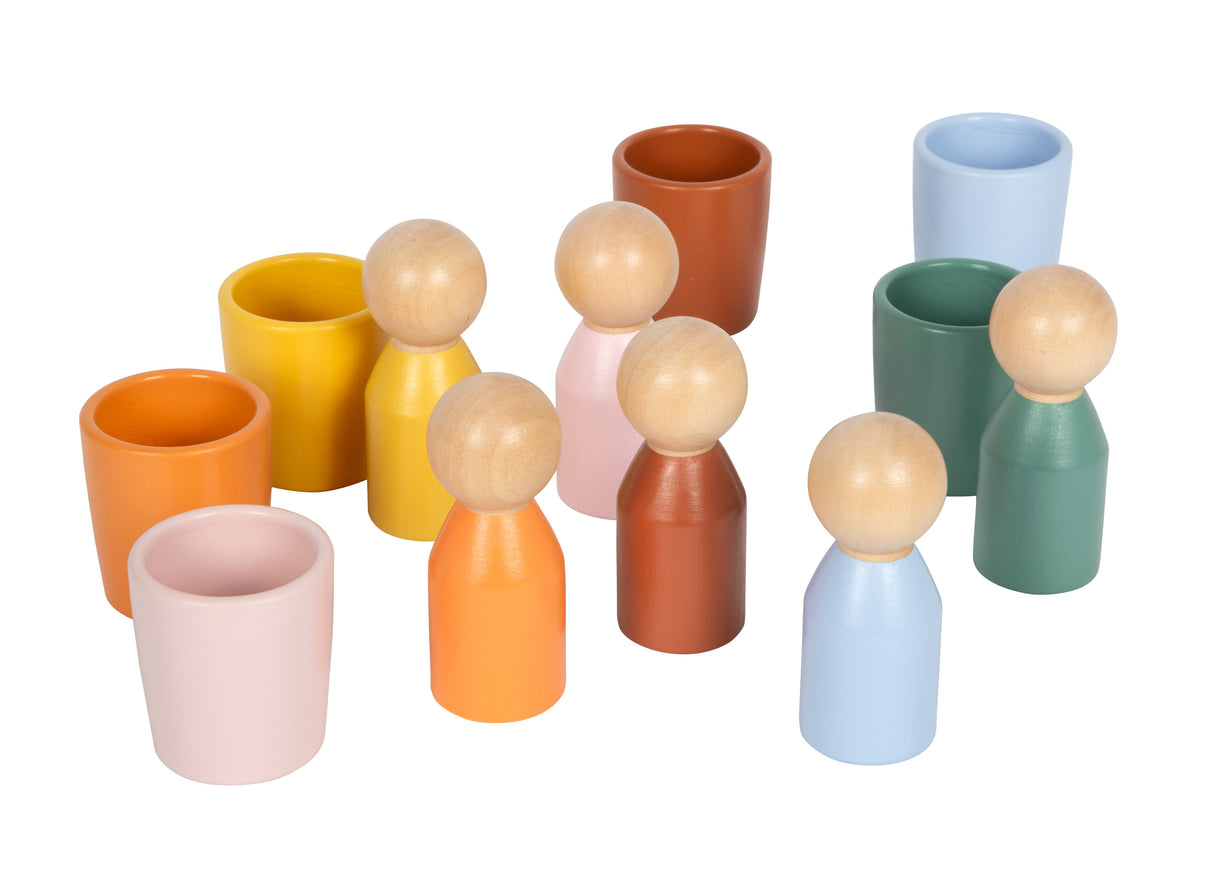 Pahare de Sortare Montessori cu Figurine – Set din Lemn Certificat FSC, 6 Figurine și 6 Pahare Colorate, pentru Sortat și Învățat Culori
