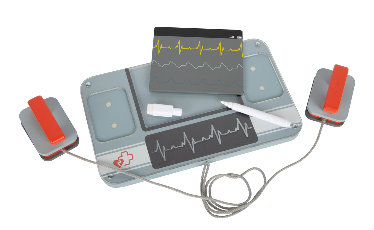 Panou defibrilator de jucărie cu electrozi și grafic ilustrat
