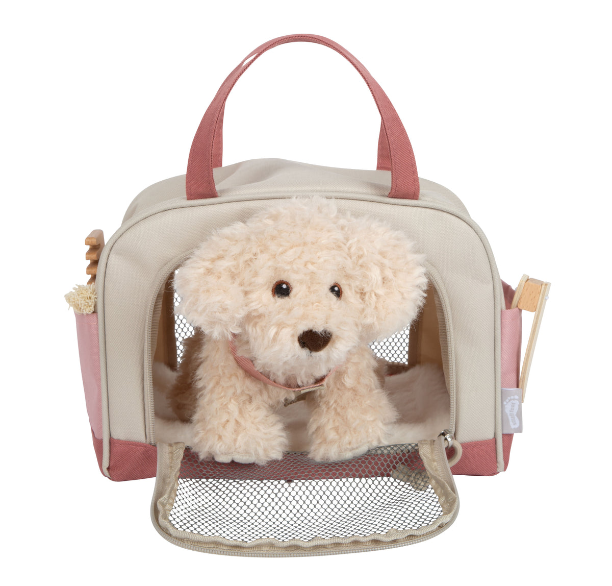Cățeluș de Pluș cu Geantă Roz și Set de Îngrijire – Set de Joc de Rol cu Cățel Moale, Ham Detașabil, Bol, Pieptene și Accesorii de Veterinar, pentru Copii 2+