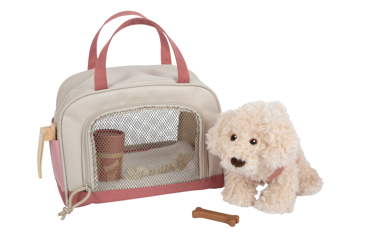Cățeluș de Pluș cu Geantă Roz și Set de Îngrijire – Set de Joc de Rol cu Cățel Moale, Ham Detașabil, Bol, Pieptene și Accesorii de Veterinar, pentru Copii 2+