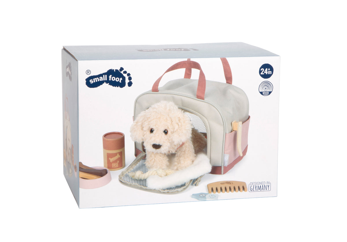 Cățeluș de Pluș cu Geantă Roz și Set de Îngrijire – Set de Joc de Rol cu Cățel Moale, Ham Detașabil, Bol, Pieptene și Accesorii de Veterinar, pentru Copii 2+