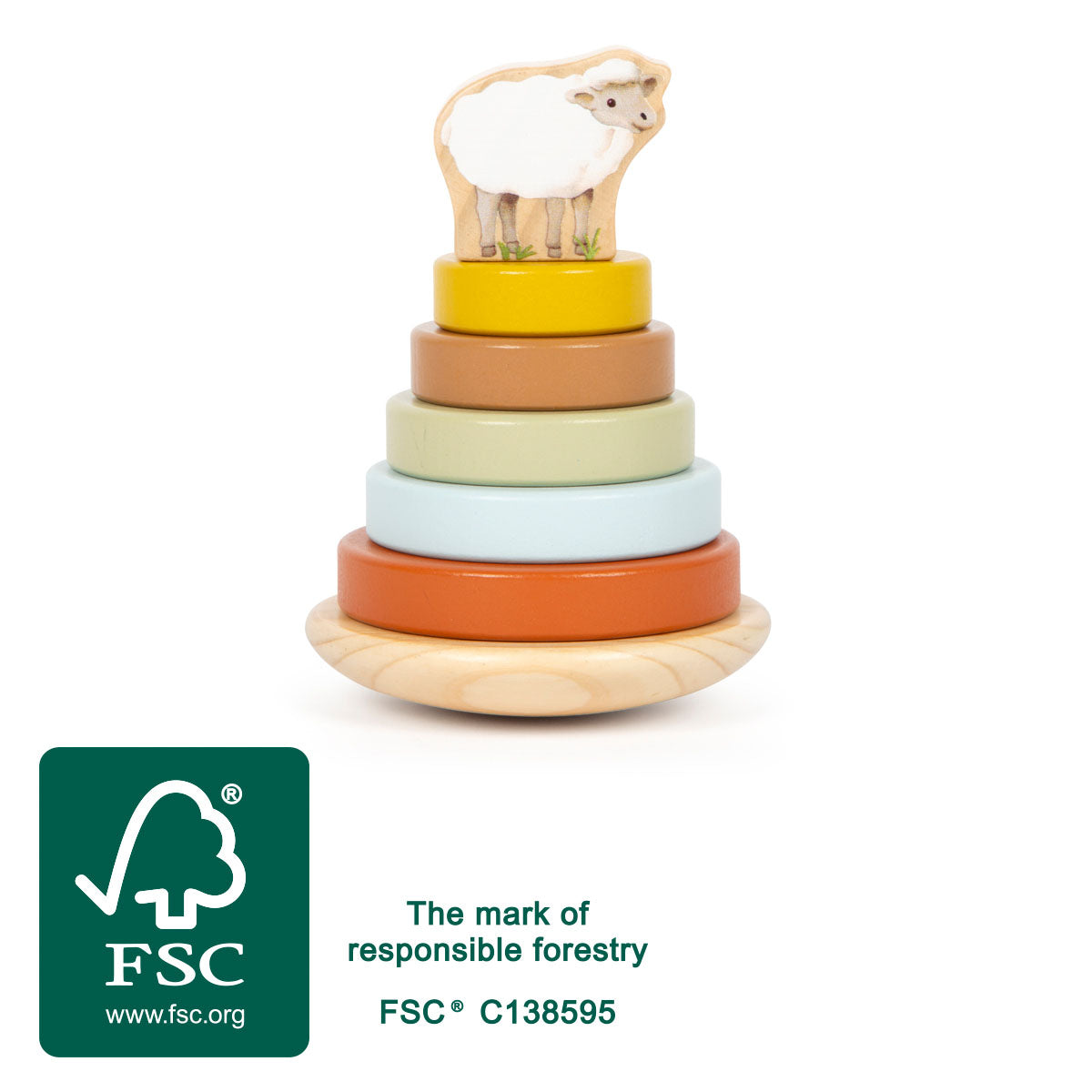 Turn de Stivuit Oaie "Farm Buddies" – Jucărie din Lemn Certificat FSC cu 5 Inele Colorate și Oiță Detașabilă, Bază care se Le