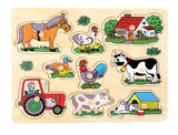 Puzzle Viața la Fermă – Jucărie din Lemn cu 9 Piese cu Buton de Prindere, cu Cal, Vacă, Tractor și Animale de Curte