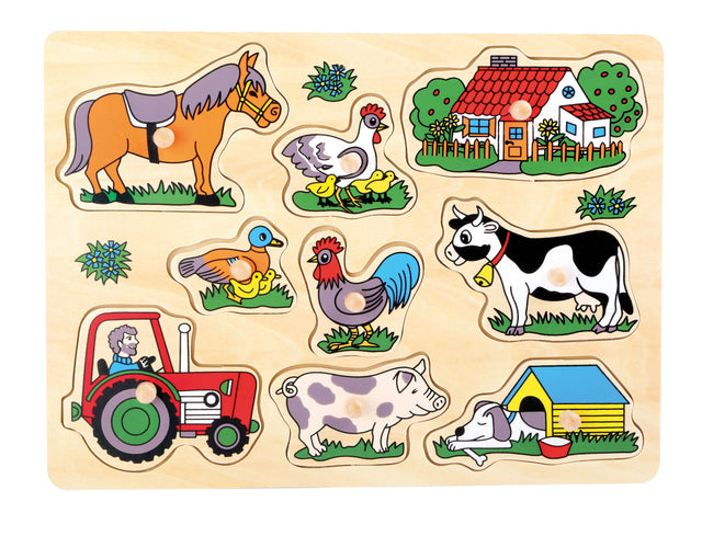 Puzzle Viața la Fermă – Jucărie din Lemn cu 9 Piese cu Buton de Prindere, cu Cal, Vacă, Tractor și Animale de Curte
