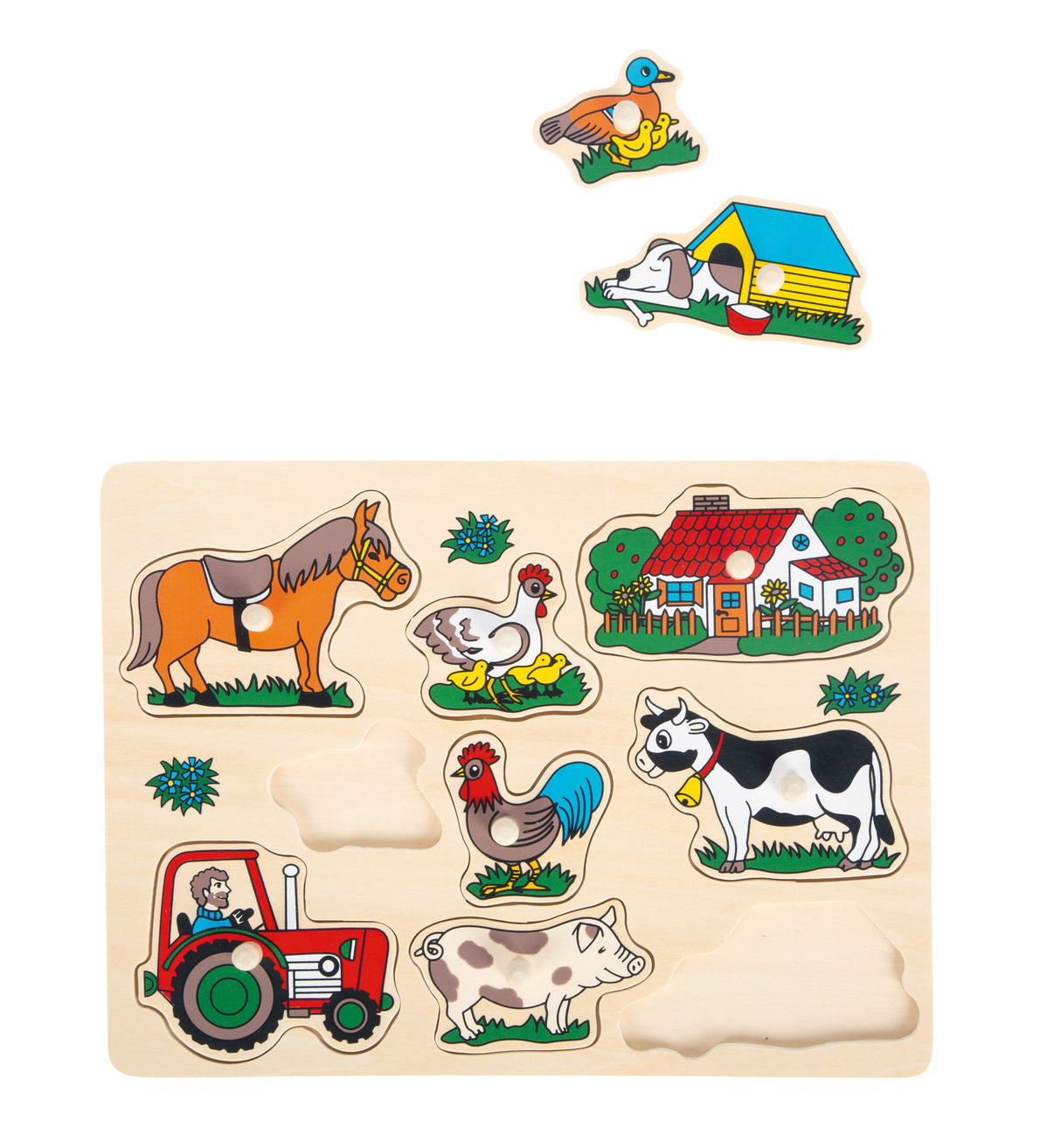 Puzzle Viața la Fermă – Jucărie din Lemn cu 9 Piese cu Buton de Prindere, cu Cal, Vacă, Tractor și Animale de Curte