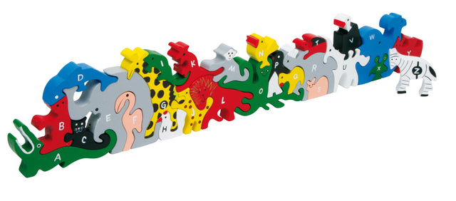 Puzzle Animale cu Litere și Numere Small Foot – Joc Educativ din Lemn 26 Piese, Animale Colorate, Alfabet A-Z pe o Parte și N