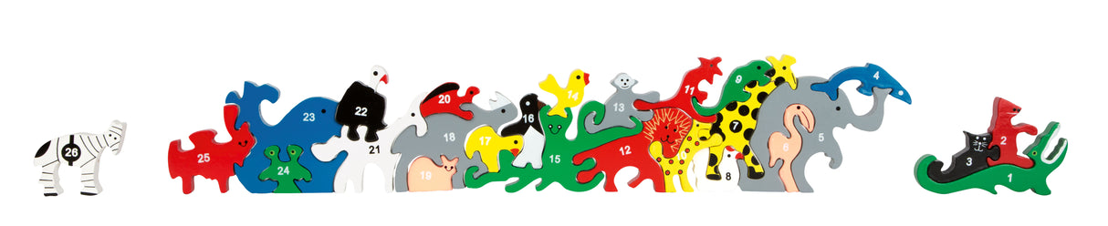 Puzzle Animale cu Litere și Numere – Joc Educativ din Lemn 26 Piese, Animale Colorate, Alfabet A-Z pe o Parte și Numere 1-26 pe Cealaltă