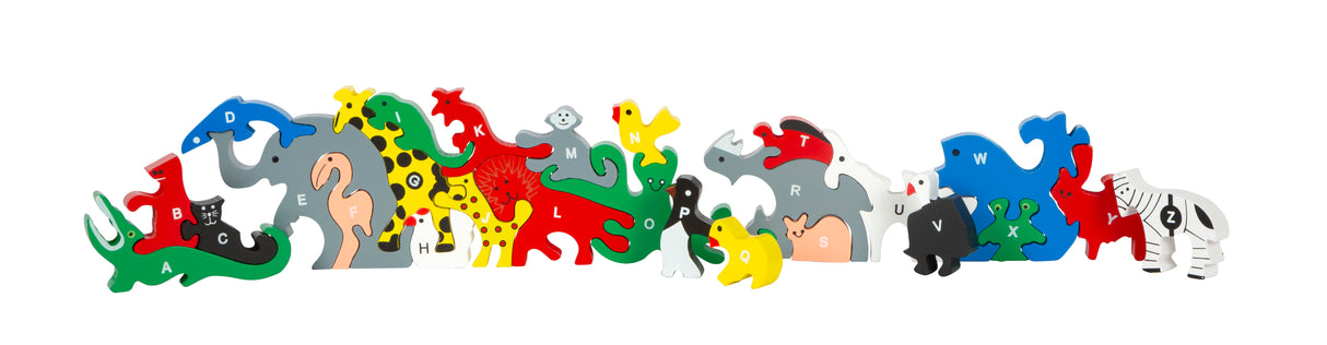 Puzzle Animale cu Litere și Numere – Joc Educativ din Lemn 26 Piese, Animale Colorate, Alfabet A-Z pe o Parte și Numere 1-26 pe Cealaltă