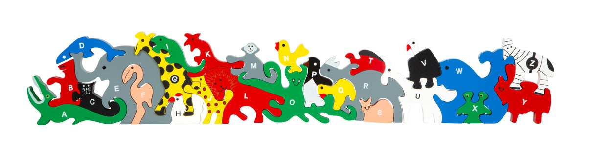 Puzzle Animale cu Litere și Numere – Joc Educativ din Lemn 26 Piese, Animale Colorate, Alfabet A-Z pe o Parte și Numere 1-26 pe Cealaltă