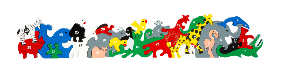 Puzzle Animale cu Litere și Numere – Joc Educativ din Lemn 26 Piese, Animale Colorate, Alfabet A-Z pe o Parte și Numere 1-26 pe Cealaltă
