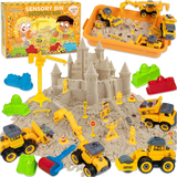 Sensory Bin: Construction Zone - Cutie Senzorială Completă cu Nisip Kinetic, Vehicule, Muncitori și Accesorii Diverse