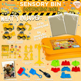Sensory Bin: Construction Zone - Cutie Senzorială Completă cu Nisip Magic, Vehicule, Muncitori și Accesorii Diverse