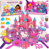 Sensory Bin: Unicorn Valley - Cutie Senzorială Completă cu Nisip Kinetic, Unicorni, Castel și Accesorii Diverse
