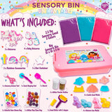 Sensory Bin: Unicorn Valley - Cutie Senzorială Completă cu Nisip Magic, Unicorni, Castel și Accesorii Diverse