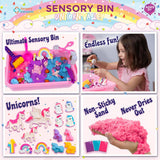 Sensory Bin: Unicorn Valley - Cutie Senzorială Completă cu Nisip Magic, Unicorni, Castel și Accesorii Diverse