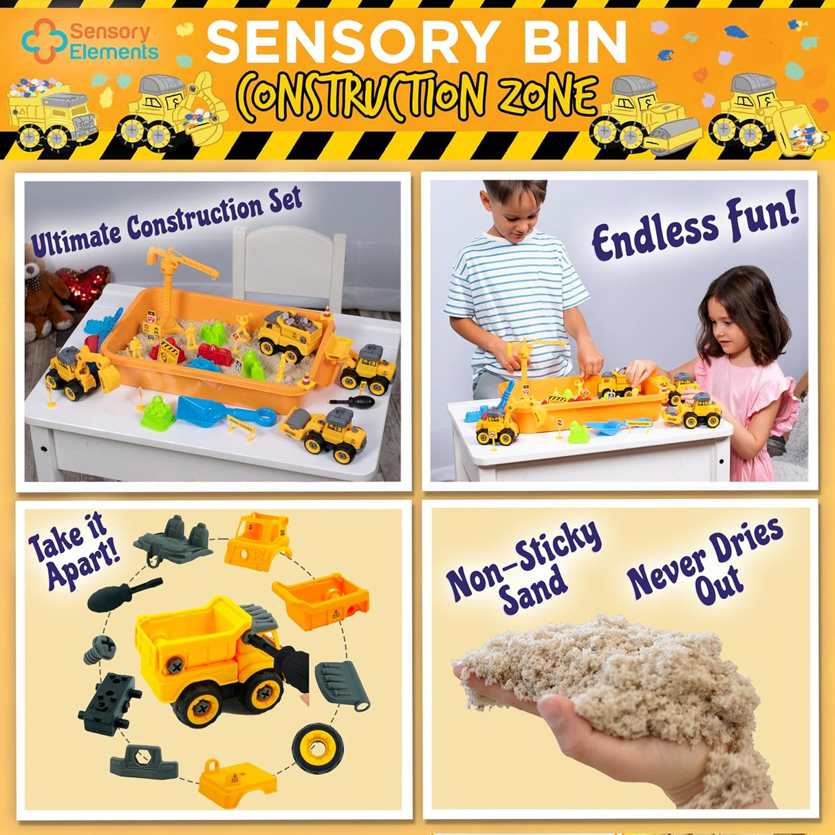 Sensory Bin: Construction Zone - Cutie Senzorială Completă cu Nisip Magic, Vehicule, Muncitori și Accesorii Diverse