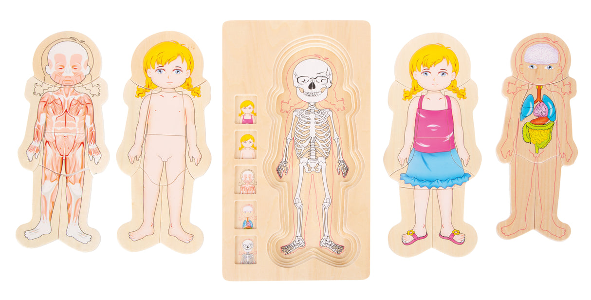 Puzzle Straturi Anatomie Fetiță Small Foot – Joc Educativ din Lemn pentru Copii, 4-în-1 cu Straturi Succesive, Învață Schelet
