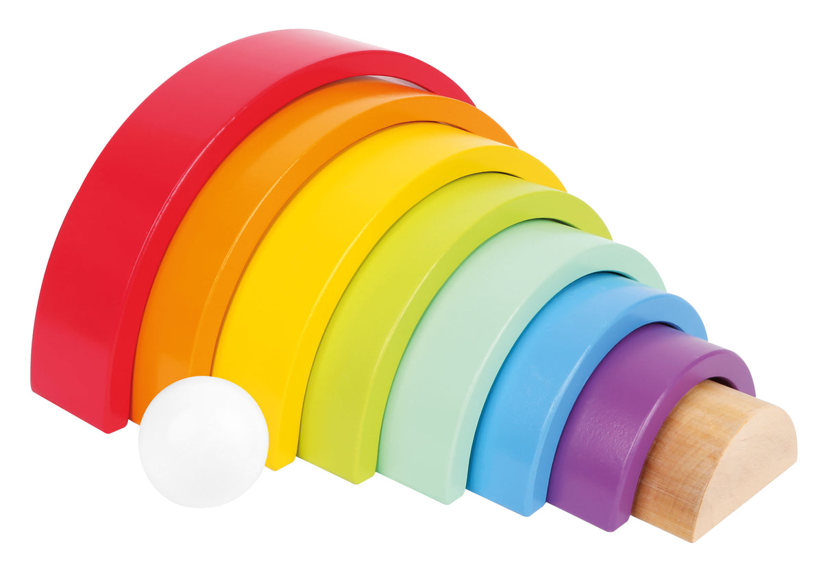 Cuburi de Construcție Curcubeu Mare – Arcă din Lemn cu 8 Inele Colorate și Bilă Albă, Premiate Spiel Gut, Versatilitate Maximă