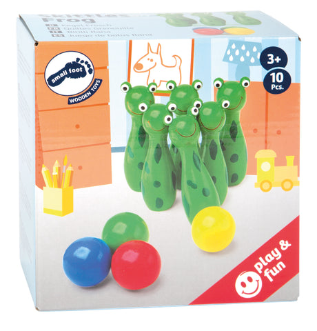 Popice Broscuțe – Joc de Bowling din Lemn pentru Copii cu Popice în Formă de Broscuțe, Design Jucăuș, Interior și Exterior
