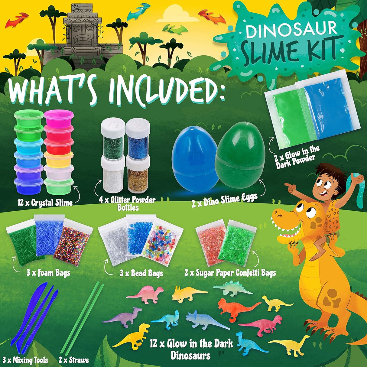 Dinosaur Slime Kit pentru Băieți și Fetițe – 12 Slime-uri Colorate, Dinozauri Fosforescenți, Pudră cu Sclipici și Accesorii Diverse, Cadoul Ideal