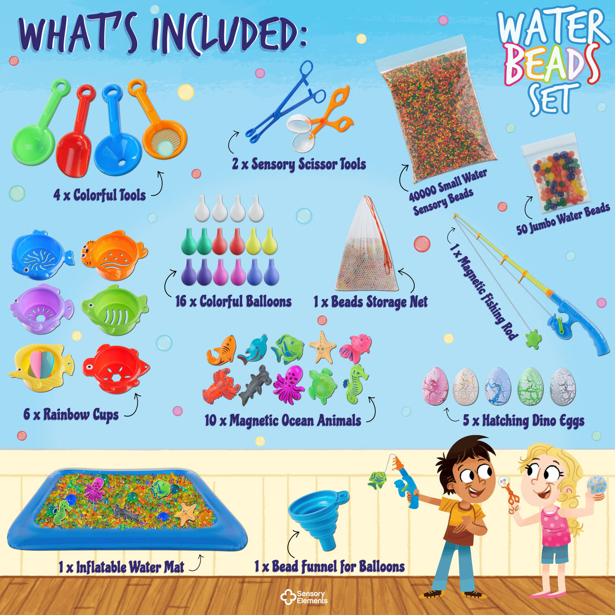 Water Beads Set - Cutie Senzorială Completă cu 40.000 de Mărgele Mici, 50 Mărgele Jumbo, Jucării Senzoriale și Accesorii diverse