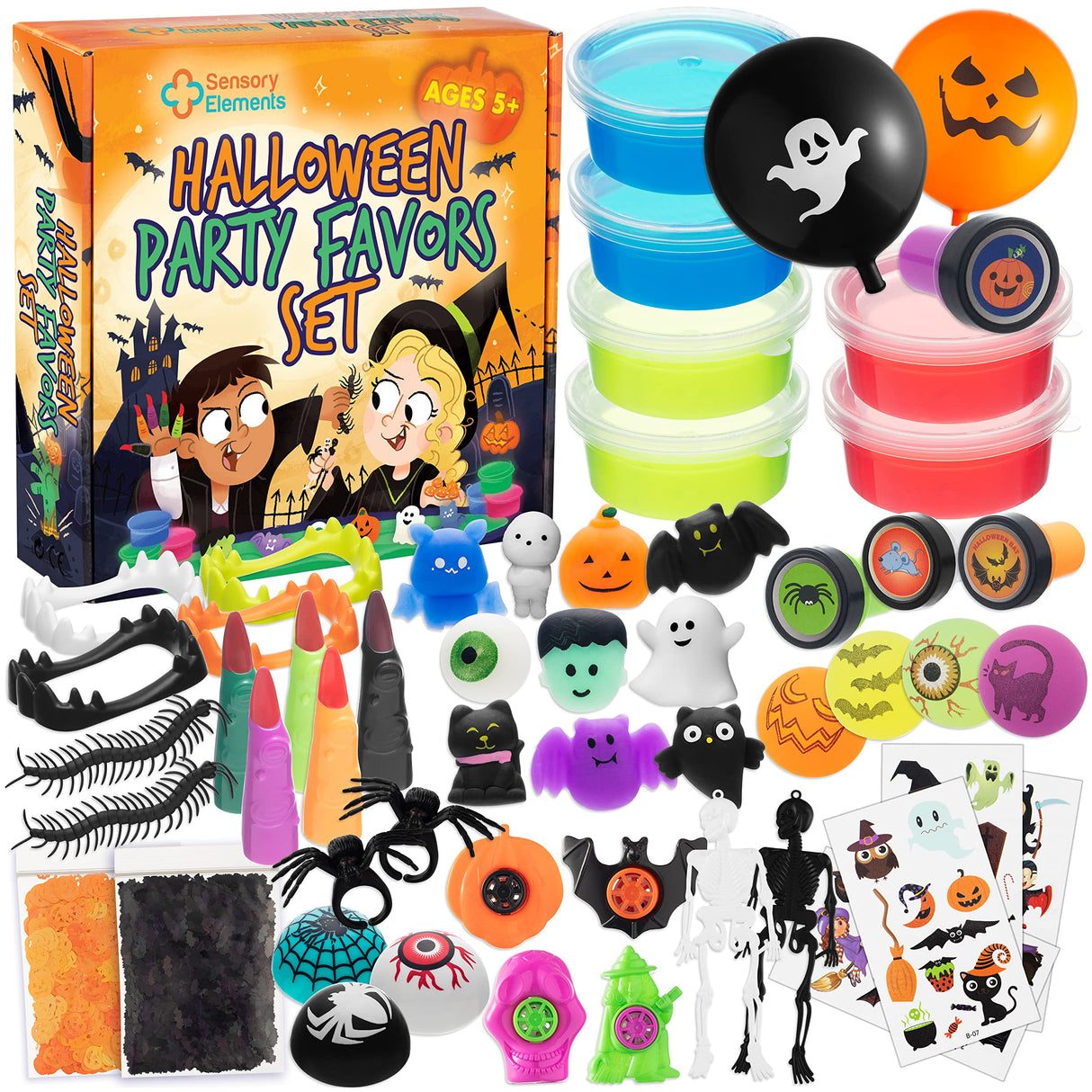Halloween Party Favors Set - Cutie Completă cu Slime Colorat, Squishies de Halloween, Bile Fosforescente și Tatuaje Temporare și Accesorii Diverse