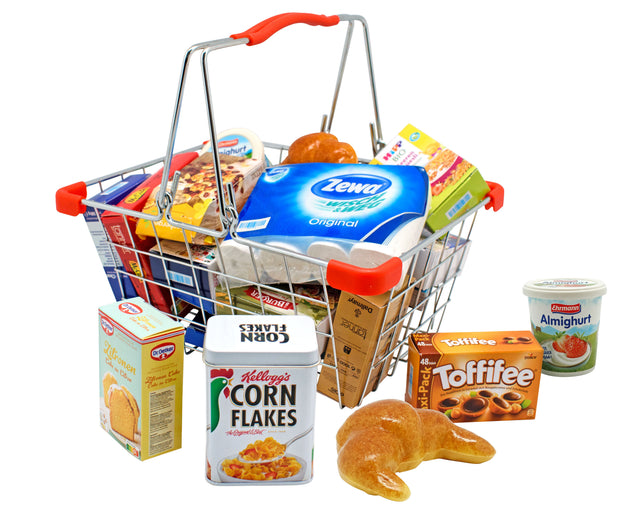 Coș de Cumpărături din Metal Small Foot – Accesoriu pentru Magazinul de Joacă, Include Miniaturi de Produse și Alimente, Robu