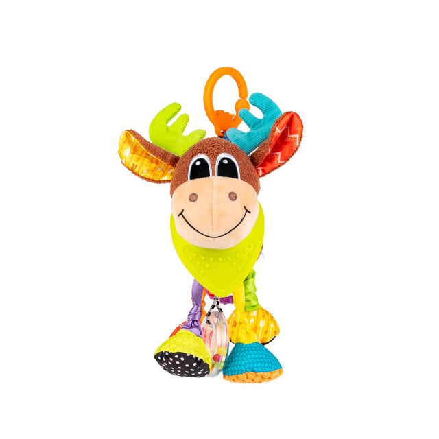 Jucărie Suspendată Elanul Maniek – Bandană de Dentiție cu Texturi, Inel cu Bile Zornăitoare și Forme Colorate, pentru Bebeluș