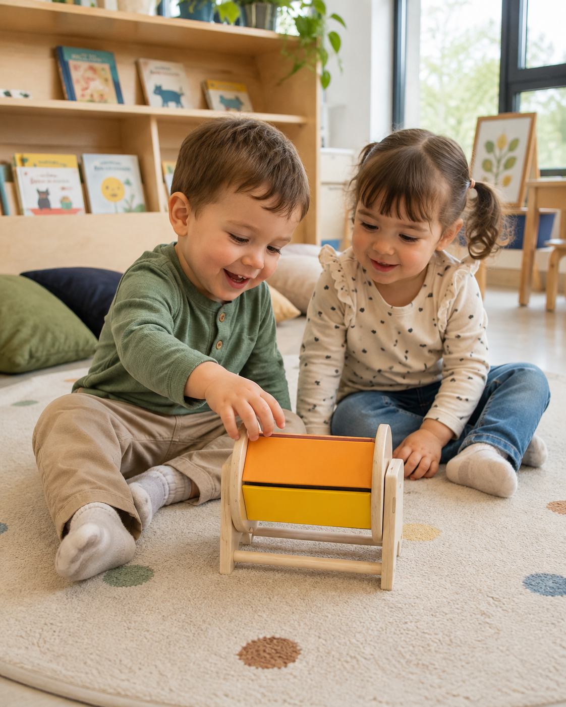 Tobă Rotativă Montessori – Jucărie din Lemn Certificat FSC cu Bilă Sonoră, 5 Fețe Colorate, pentru Bebeluși, Sunet și Mișcare