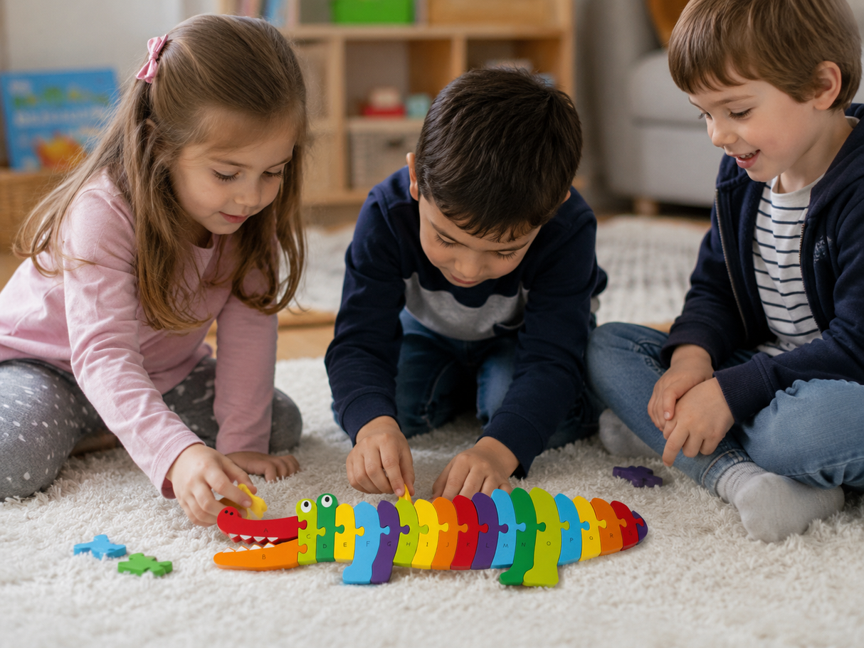 Puzzle ABC Crocodil – Joc Educativ din Lemn cu 26 Piese Litere A-Z, Crocodil Colorat, Învață Alfabetul Distractiv