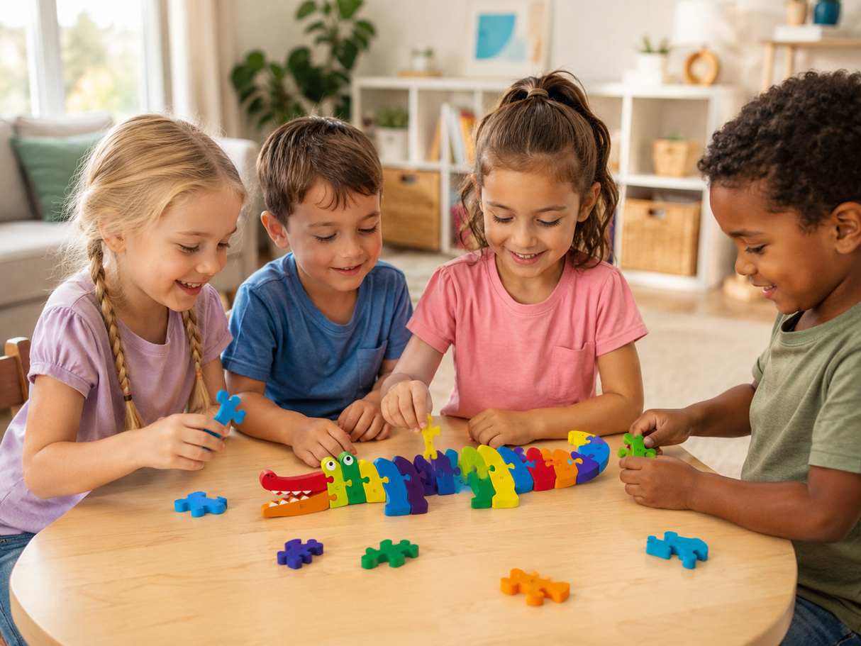 Puzzle ABC Crocodil – Joc Educativ din Lemn cu 26 Piese Litere A-Z, Crocodil Colorat, Învață Alfabetul Distractiv