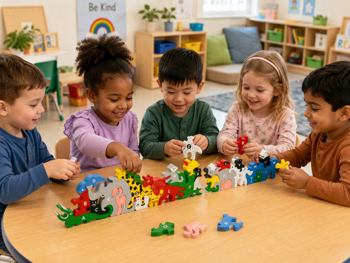 Puzzle Animale cu Litere și Numere – Joc Educativ din Lemn 26 Piese, Animale Colorate, Alfabet A-Z pe o Parte și Numere 1-26 pe Cealaltă