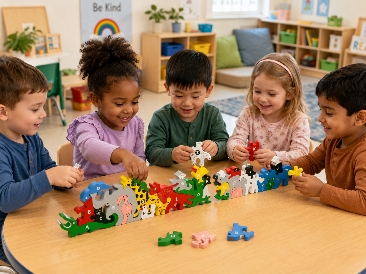 Puzzle Animale cu Litere și Numere – Joc Educativ din Lemn 26 Piese, Animale Colorate, Alfabet A-Z pe o Parte și Numere 1-26 pe Cealaltă
