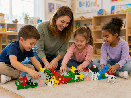 Puzzle Animale cu Litere și Numere – Joc Educativ din Lemn 26 Piese, Animale Colorate, Alfabet A-Z pe o Parte și Numere 1-26 pe Cealaltă
