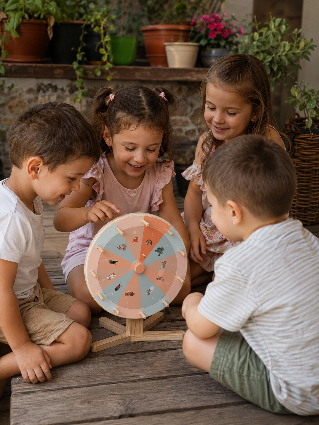 Roata Activităților „Garden Buddies” – Joc din Lemn cu Panou de Scris și 2 Discuri Interschimbabile